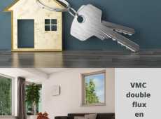 Assemblage photo clé de maison et AIR 70 installé dans un salon avec mention texte VMC double flux en location